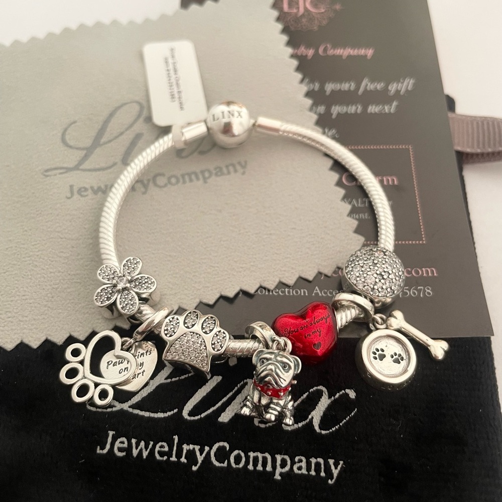 Linx Snake Chain Bracelet and English Bulldog Themed Charms 925 sterling silver